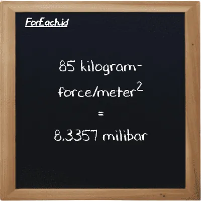 85 kilogram-force/meter<sup>2</sup> setara dengan 8.3357 milibar (85 kgf/m<sup>2</sup> setara dengan 8.3357 mbar)